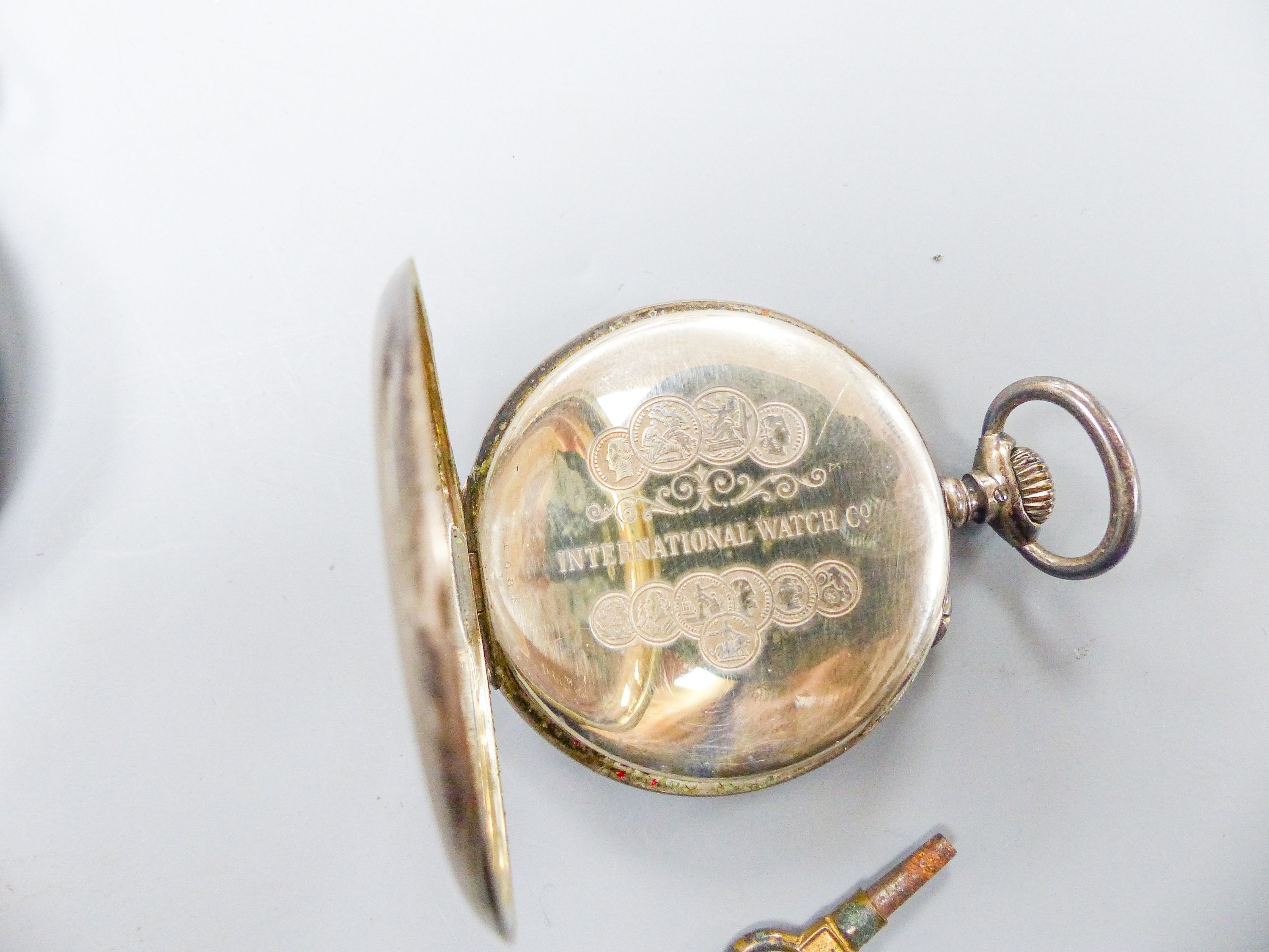 A late 18th century French silver keywind pocket watch by Borguin le Jeune, chain driven and with white enamel dial (lacking glass), case diameter 6cm. and an IWC 800 standard pocket watch.